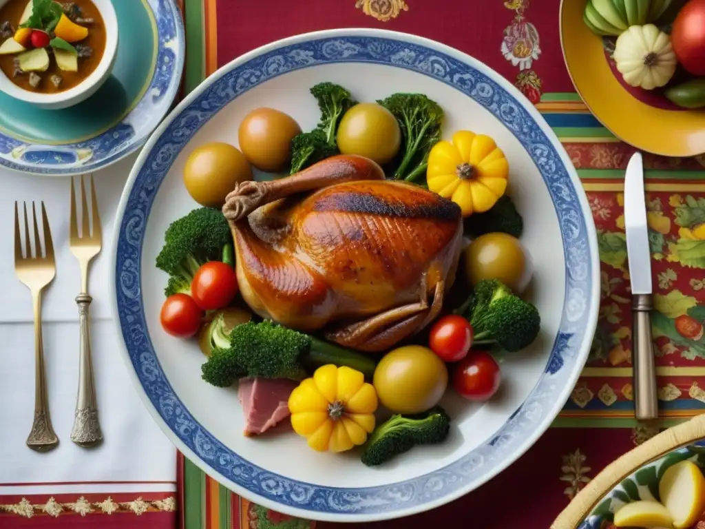 Platos del Renacimiento con contexto histórico: Detalle de una exquisita vajilla renacentista con una variedad de manjares coloridos y elaborados