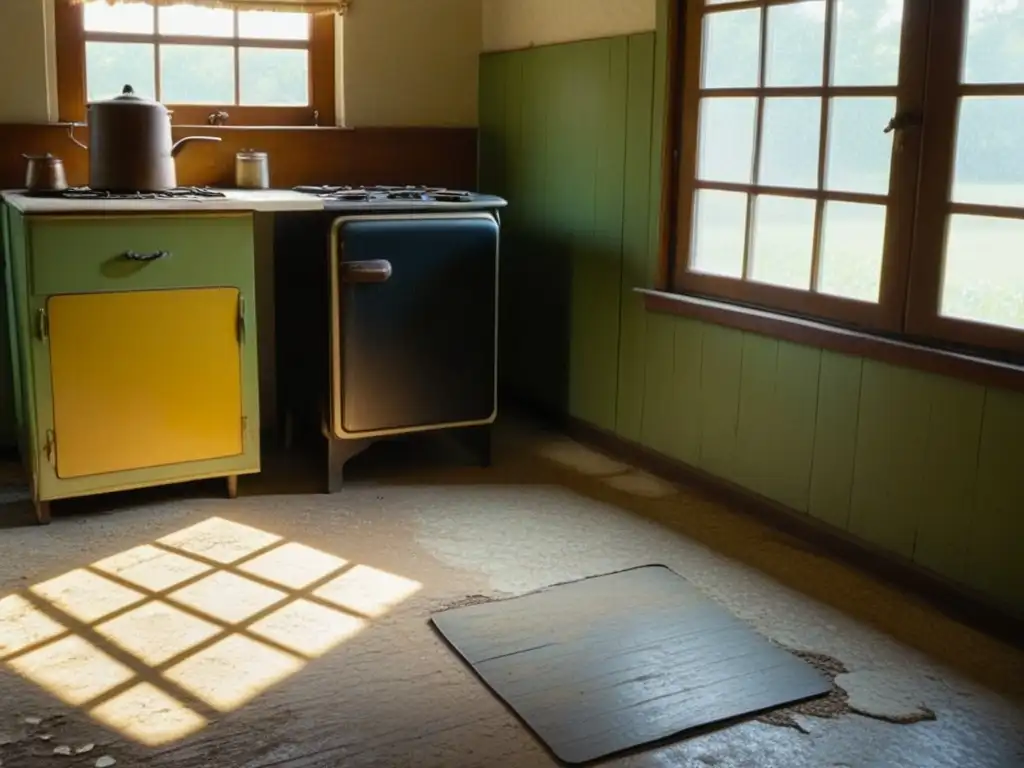 La pobreza de la Gran Depresión se refleja en la humilde cocina de esta casa, mostrando escasez de alimentos y recursos