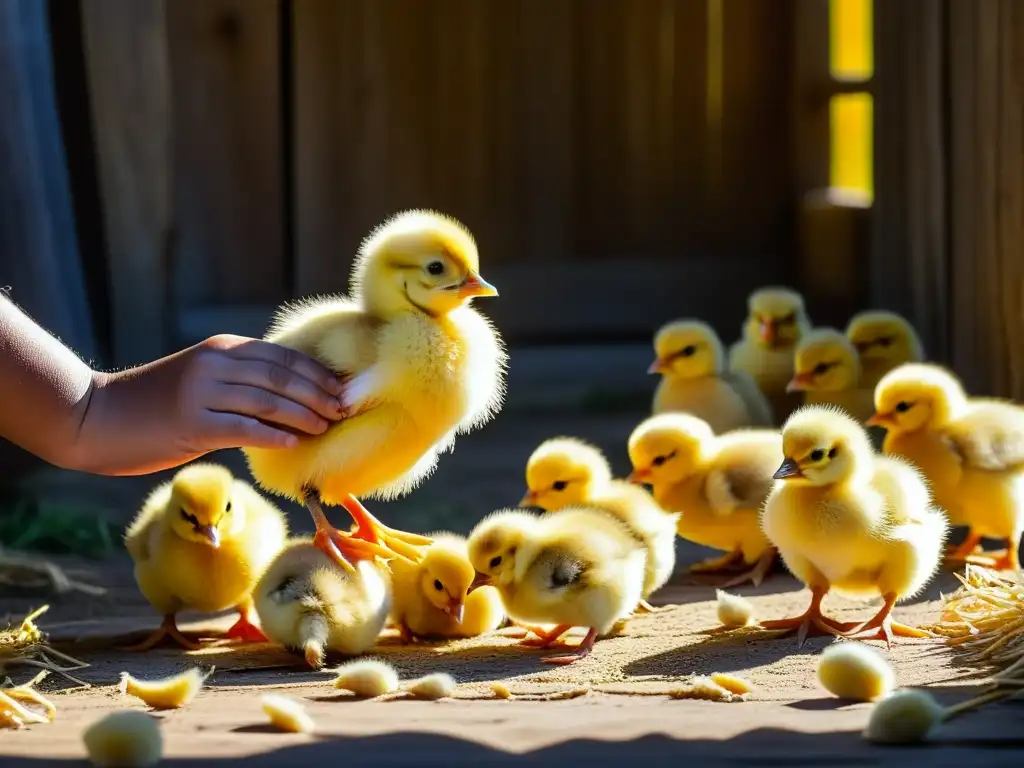 Tierna escena de niño alimentando pollitos amarillos en un granero soleado Niño alimenta tiernamente pollitos amarillos en granero soleado, escena nostálgica de autoabastecimiento durante Gran Depresión