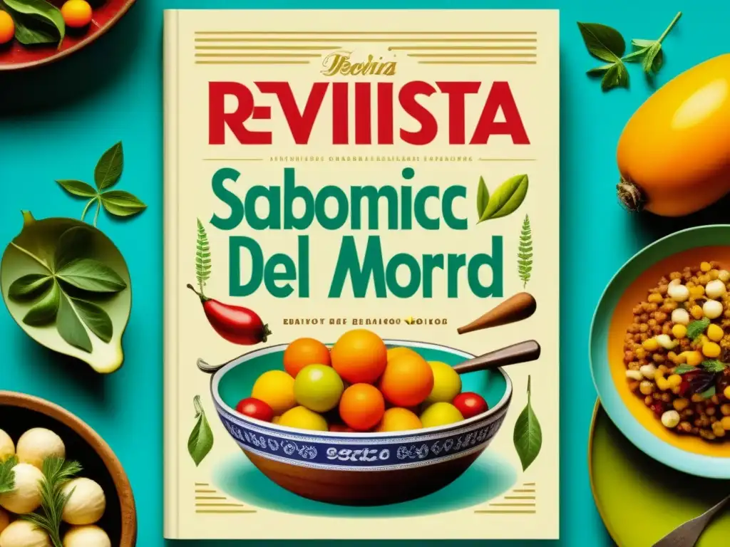 Portada vintage de revista gastronómica: sabores del mundo, platos exóticos y herramientas culinarias