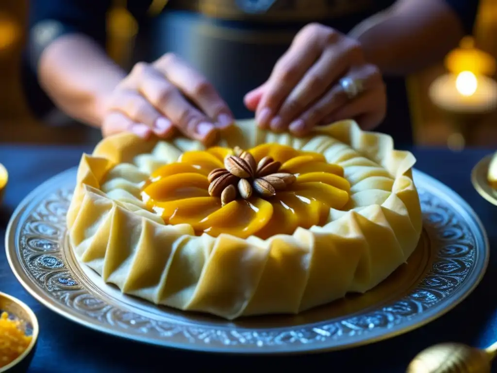 Un postre árabe tradicional se prepara meticulosamente, resaltando la historia y cultura detrás de estos dulces del desierto