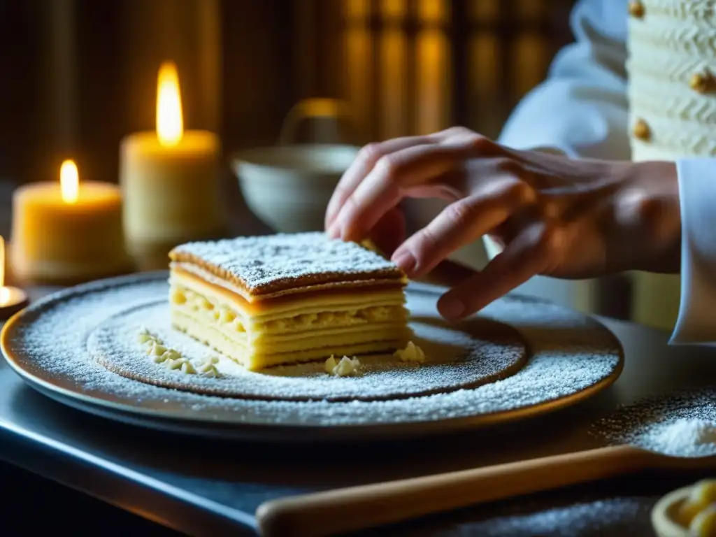 Delicado arte culinario: elaboración de postre eslavo tradicional Un postre eslavo histórico y cultura: Un chef experto elabora con detalle un dulce tradicional eslavo en una cocina tenue
