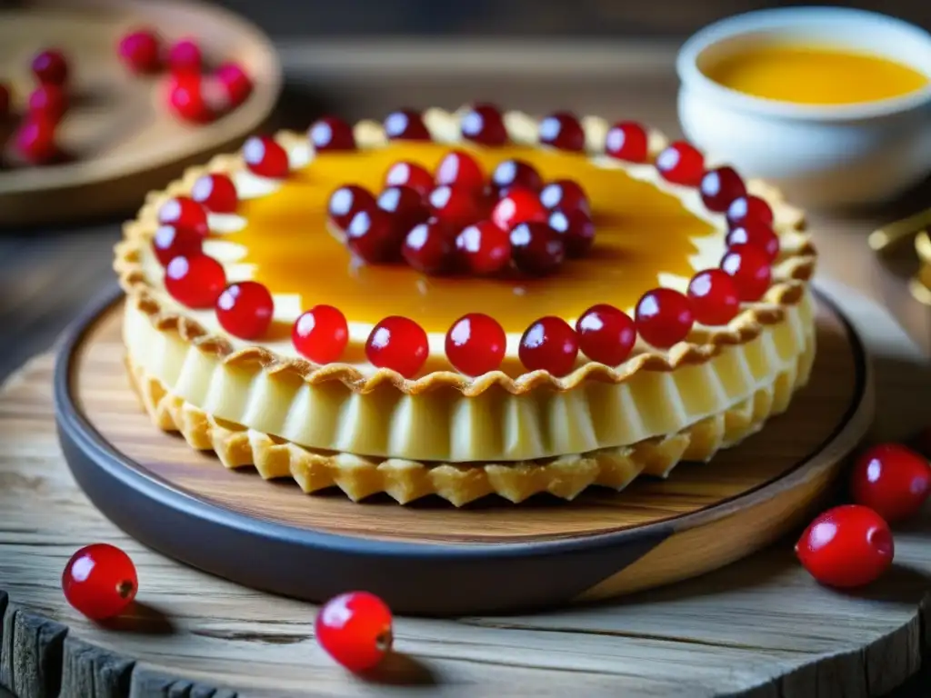 Delicioso postre eslavo: capas de crema y frutas rojas Un postre eslavo tradicional: delicado pastel relleno de crema, bayas rojas y miel dorada sobre una tabla de madera rústica