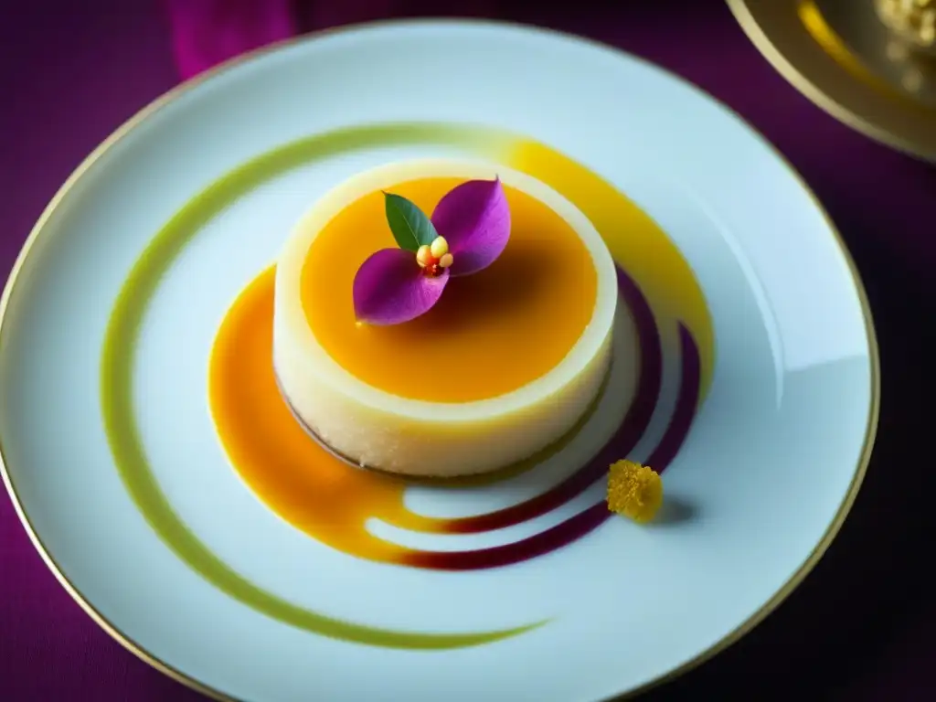 Un postre exquisito que fusiona sabores tradicionales de India y China, con colores vibrantes y detalles delicados