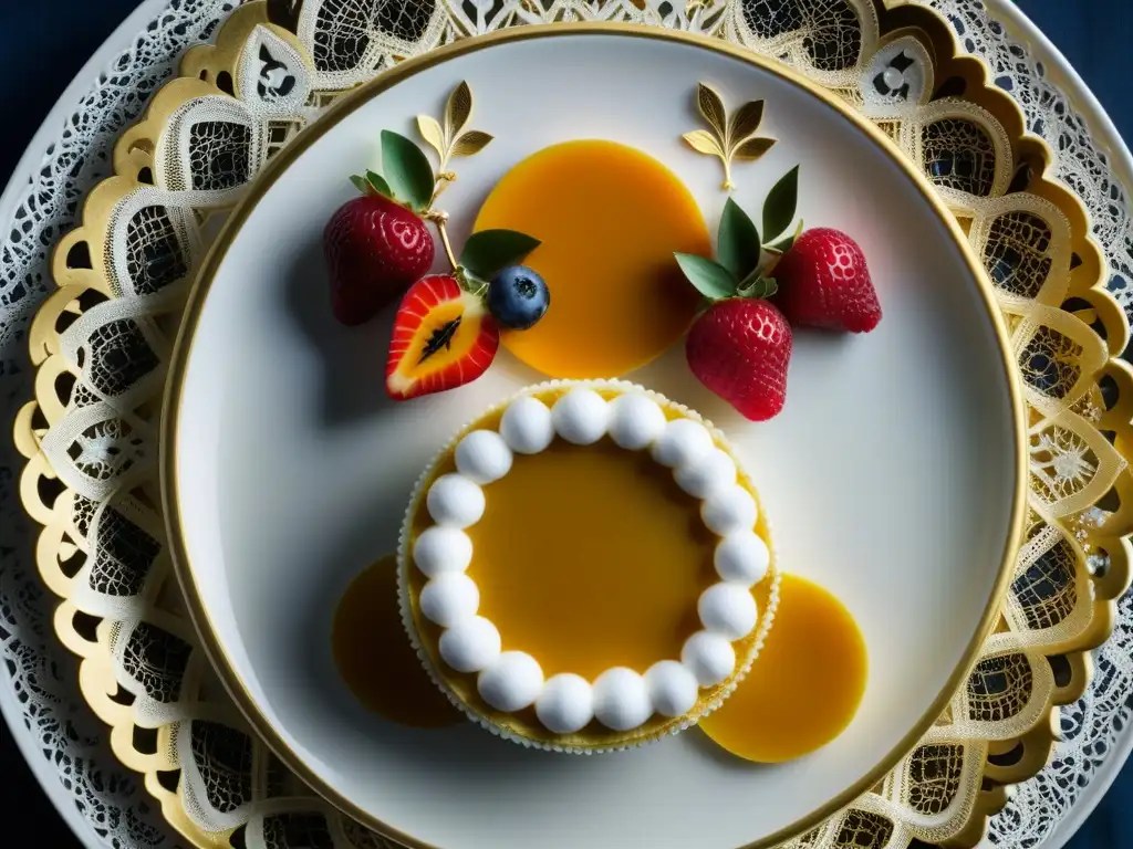 Un postre inspirado en el barroco francés con detalles dorados y frutas vibrantes, sobre una vajilla de porcelana