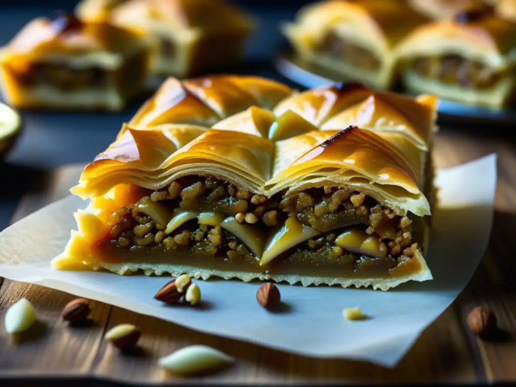 Un postre otomano histórico, baklava, con capas doradas y relleno de nueces y jarabe, promoviendo recetas históricas cocina otomana diabetes