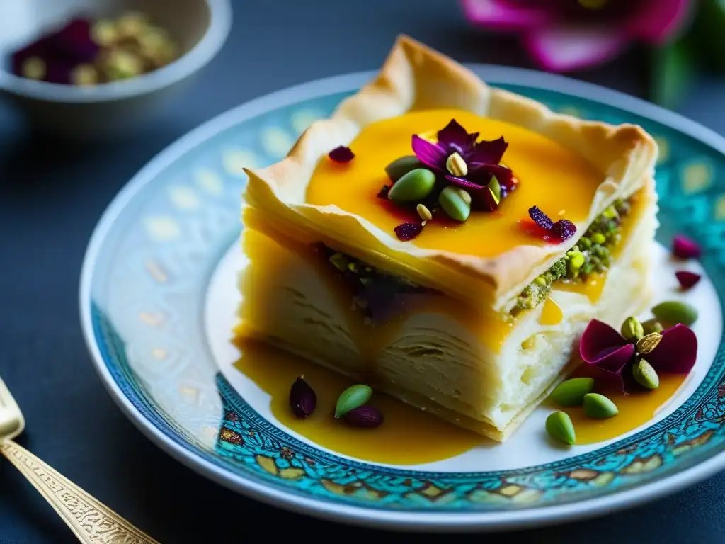 Un postre tradicional del Medio Oriente decorado con pétalos de rosa y pistachos, en una vistosa vajilla pintada a mano