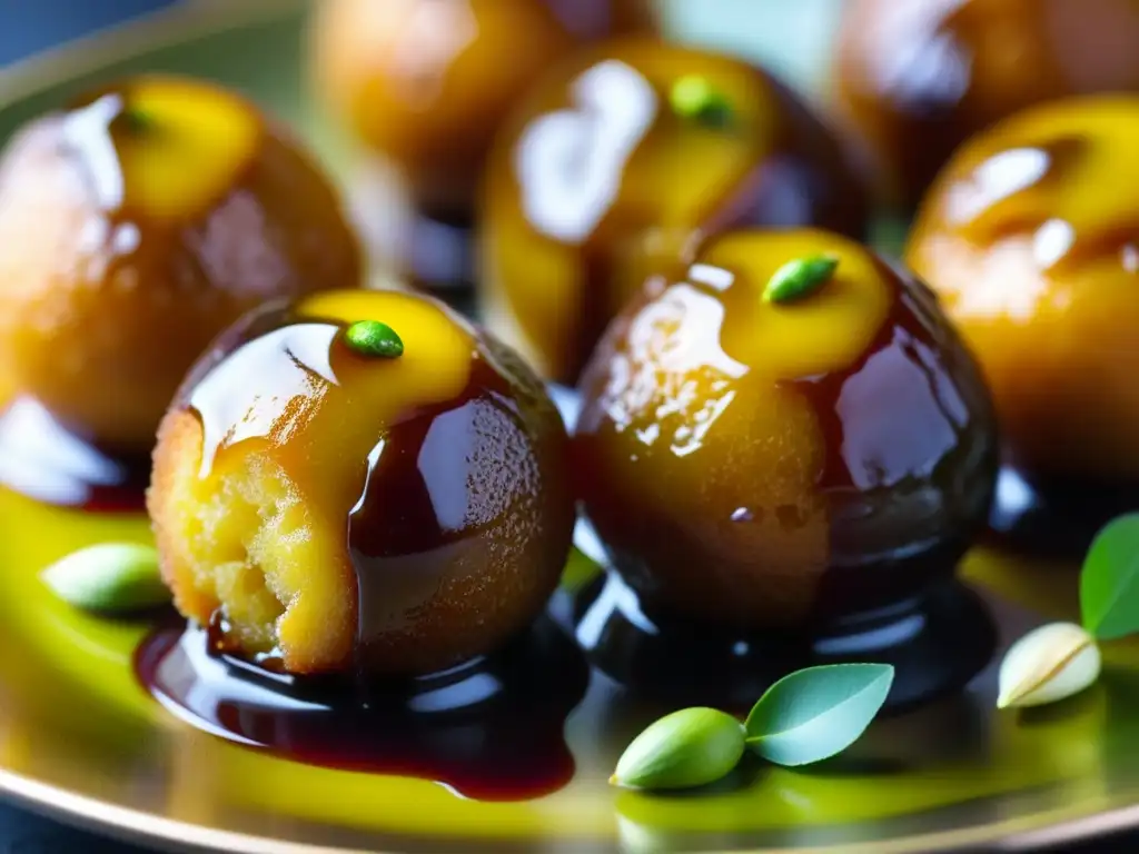 Un postre tradicional del sur de Asia: Gulab Jamun con detalles dorados, sirope brillante y pistachos