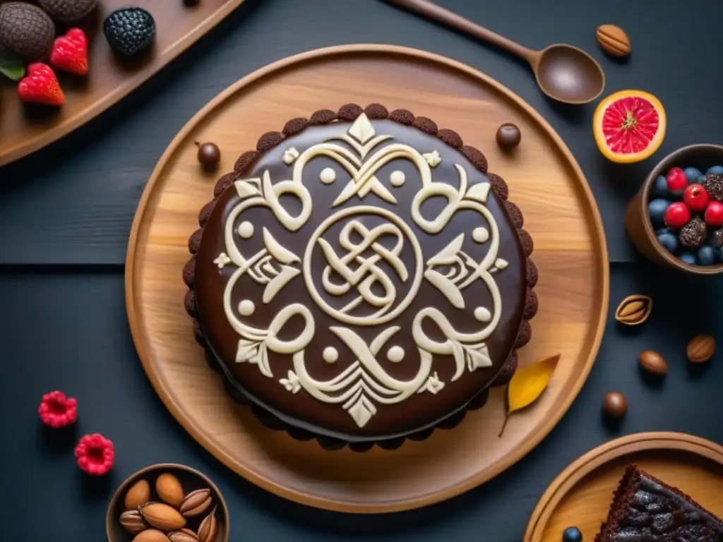 Un postre vikingo de chocolate decorado con símbolos nórdicos, rodeado de frutos del bosque