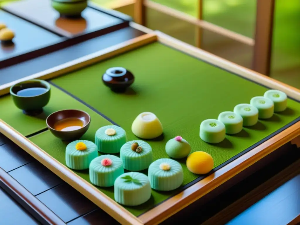 Postres tradicionales cocina samurái: Detalle de ceremonia del té japonesa con wagashi y matcha en tatami