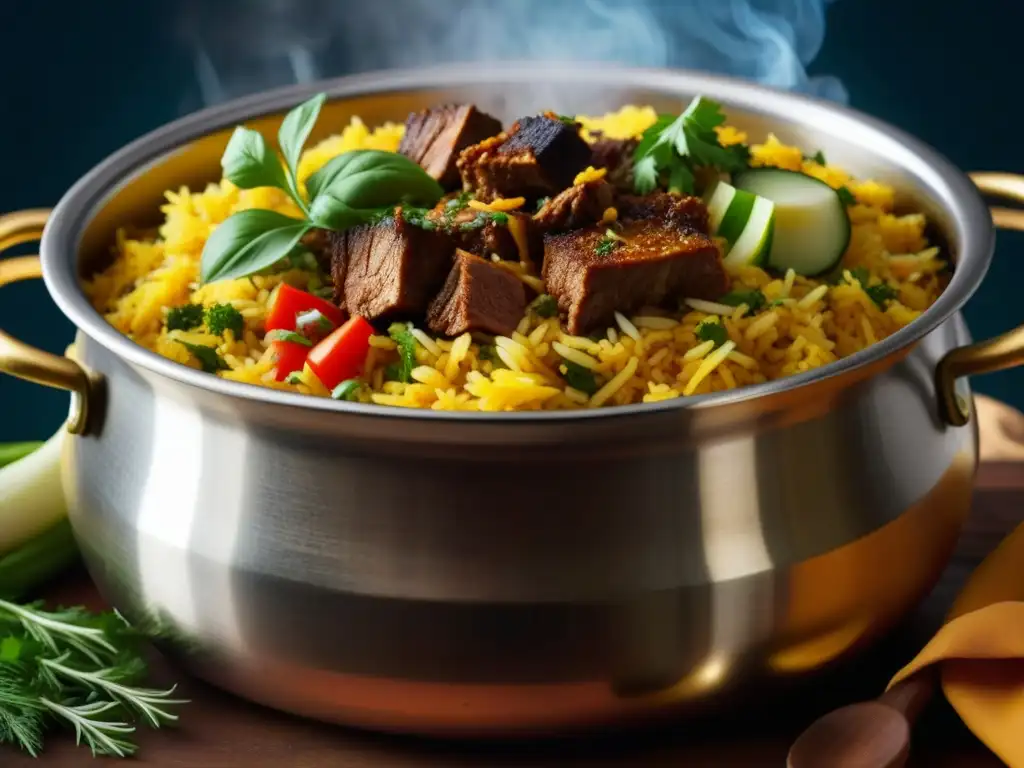 Un potente biryani: capas vibrantes de arroz, carne y vegetales, fusionando sabores en recetas históricas culturales relevancia contextual