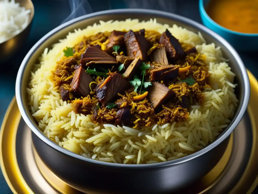 Un potente biryani Mogol, con capas de arroz aromático, carne tierna y especias vibrantes como azafrán y cardamomo