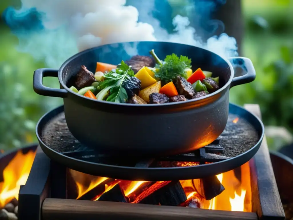 Un potente guiso burbujeante se cocina en una olla de hierro sobre fuego, resaltando los métodos de cocción en olla de hierro