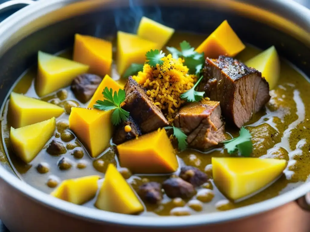 Un potente guiso de curry en una olla de cobre burbujeante sobre fuego abierto