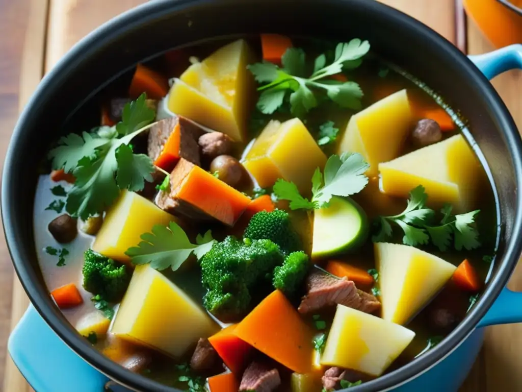 Un potente guiso sudamericano burbujeante con ingredientes vibrantes