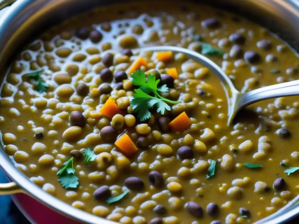 Una potente imagen del Dal Makhani cocinándose, con sus colores vibrantes y su aroma cautivador, evocando la historia recetas culturales Punjab