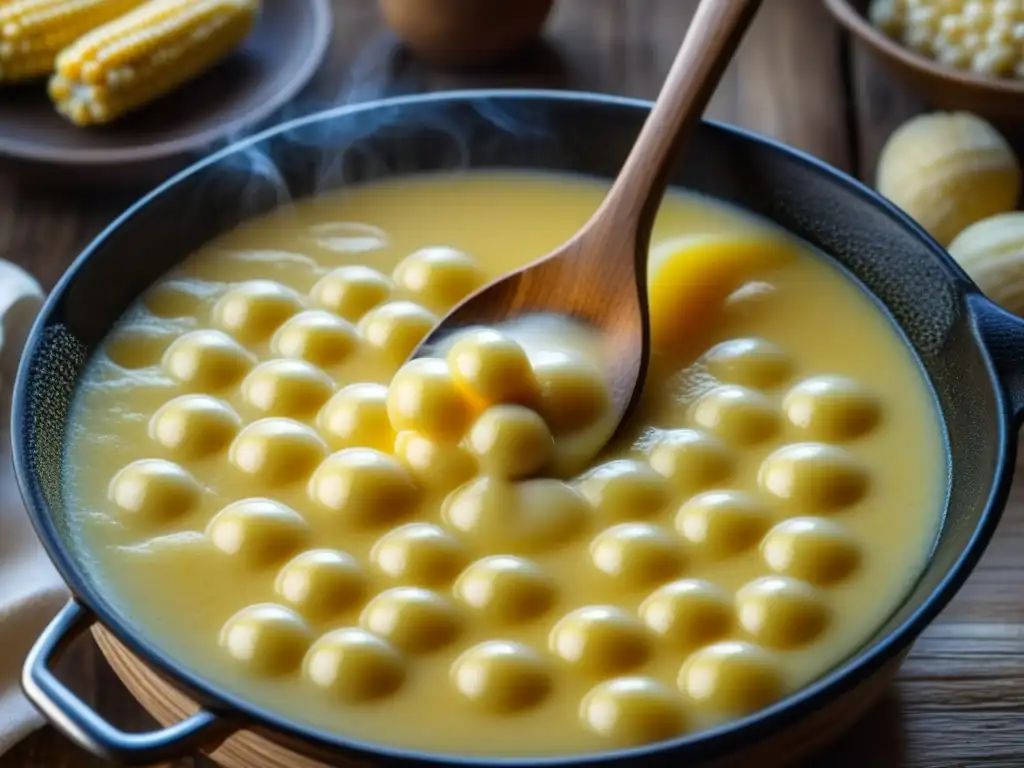 Una potente imagen del origen y receta de mămăligă, con su textura cremosa y tradicional siendo cuidadosamente preparada en una cocina rústica