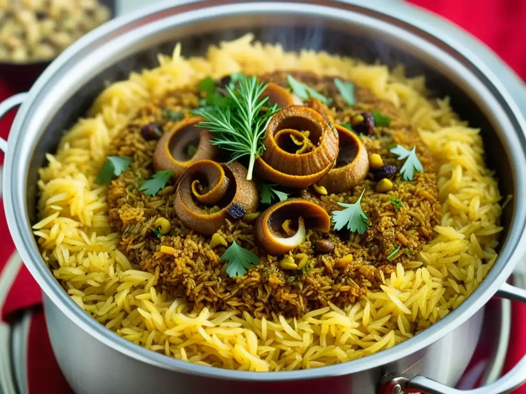 Un potente plato de biryani, con arroz especiado, carne tierna, cebolla caramelizada y hierbas frescas