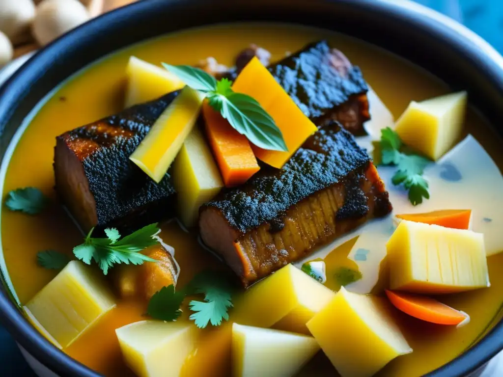 Un potente Sancocho Dominicano con influencia africana, resaltando sus colores y texturas vibrantes