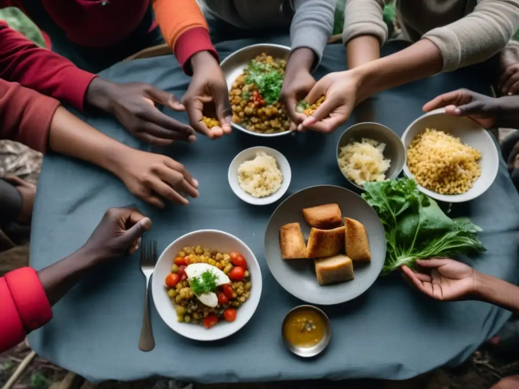 Prácticas alimenticias durante conflictos: Grupo diverso comparte comida en zona de guerra, mostrando conexión humana y resiliencia