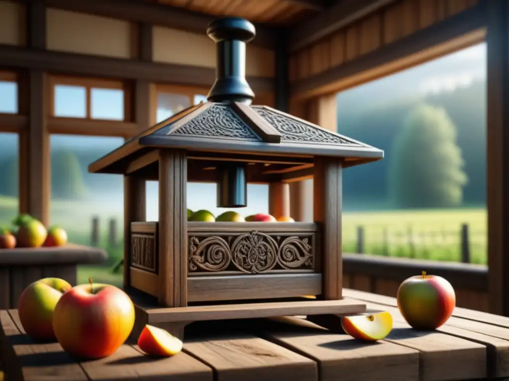 Prensa de sidra nórdica con manzanas frescas y mitología escandinava Una prensa de sidra escandinava rodeada de manzanas frescas, iluminada por rayos de luz natural