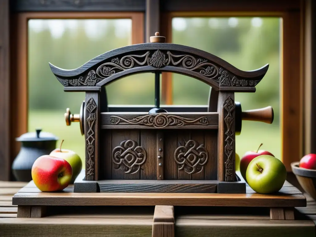 Prensa de sidra escandinava: tradición y arte en madera Una prensa de sidra escandinava tradicional de madera oscura, rodeada de manzanas recién cosechadas, con gotas de agua
