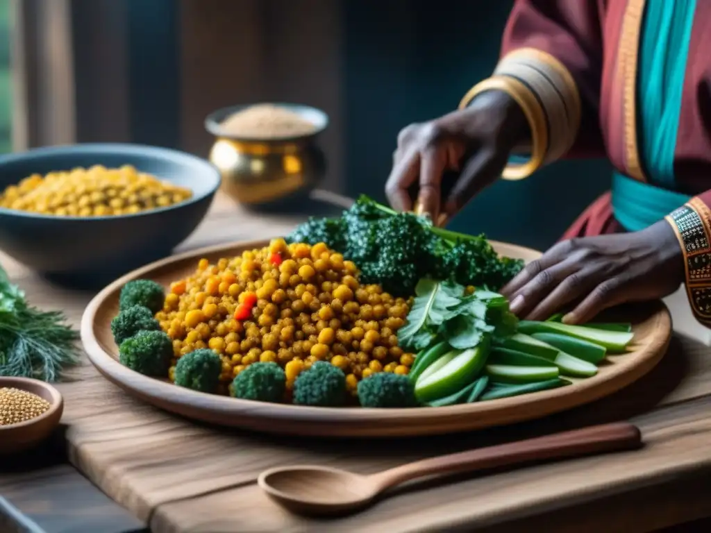 Preparación de alimentos para guerreros africanos: dieta rica en ingredientes tradicionales de vibrantes colores y texturas