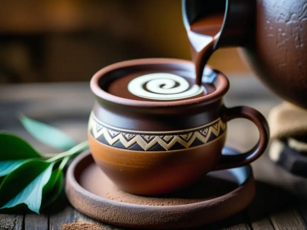 Preparación de una bebida de chocolate azteca en una taza de barro, con textura y color cálidos