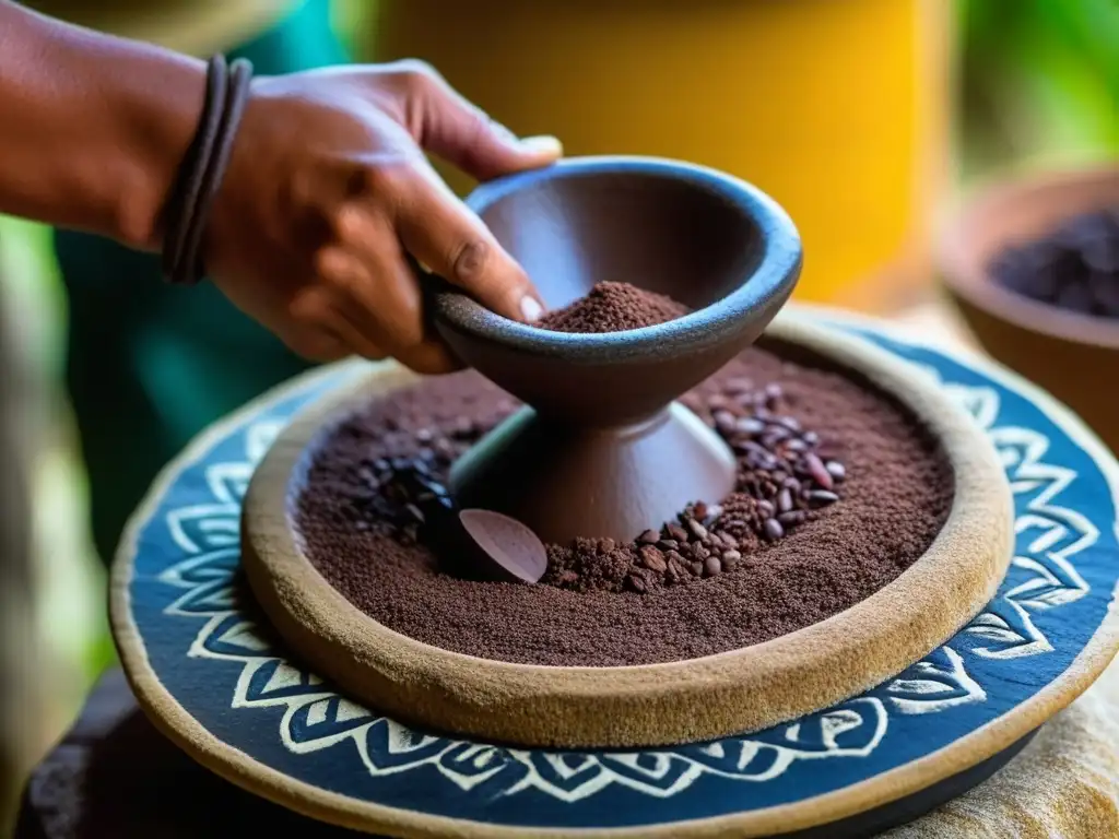 Preparación del chocolate maya en metate y mano de piedra, evocando la historia del chocolate en América colonial