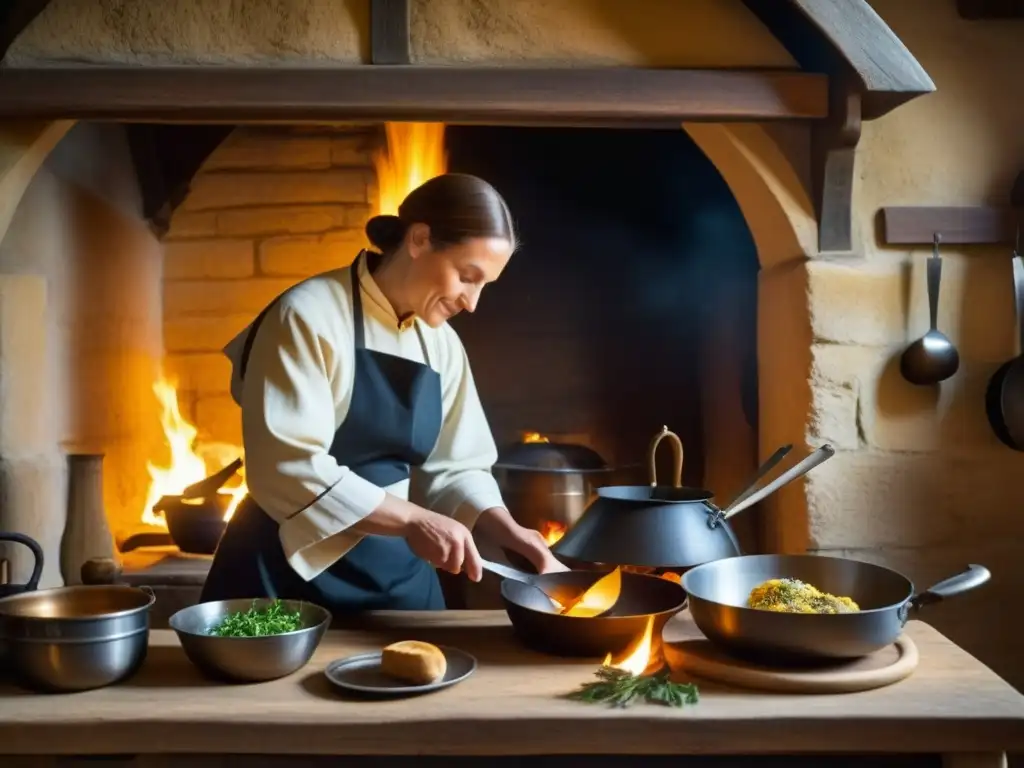 Preparación de festín en cocina medieval con prácticas de cocina sostenible Edad Media, utensilios detallados y ambiente cálido