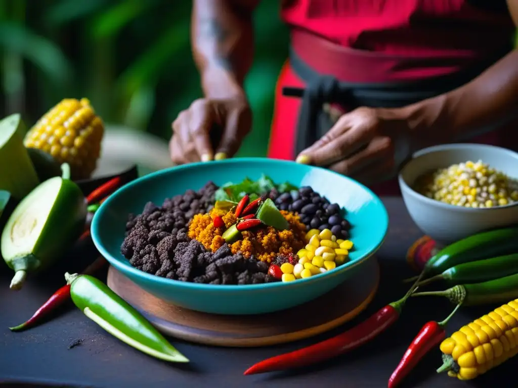 Preparación de la comida de guerreros Mayas, nutrición histórica con ingredientes tradicionales como maíz, cacao y chiles