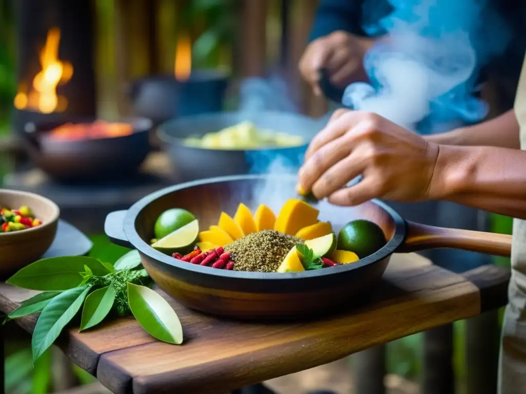 Preparación de comidas tradicionales eventos amazónicos en cocina rústica de la selva con ingredientes vibrantes