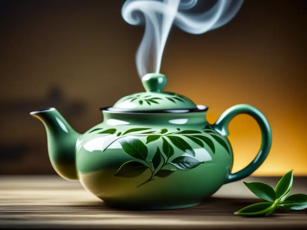 Preparación cuidadosa de té verde en tetera china, destacando su historia cultural con hojas frescas