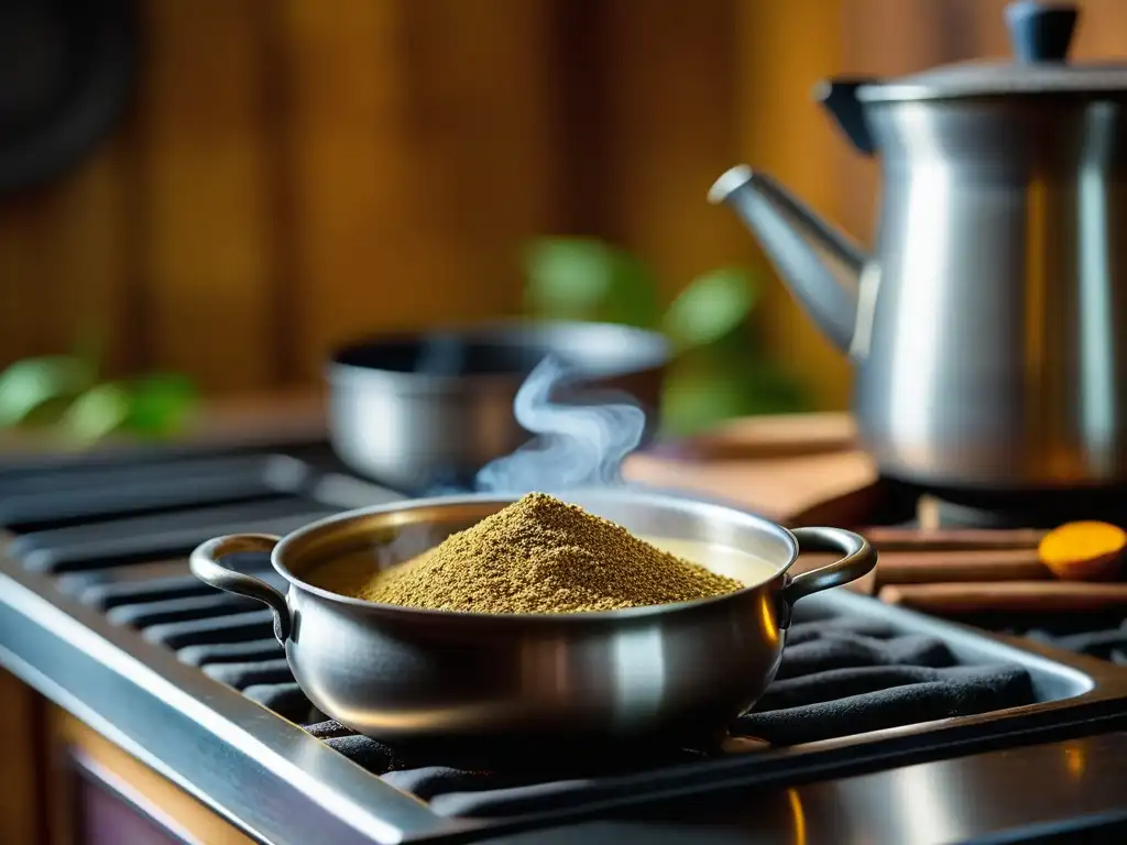 Preparación detallada de masala chai en una cocina rústica del Sur de Asia con impacto culinario Raj Británico