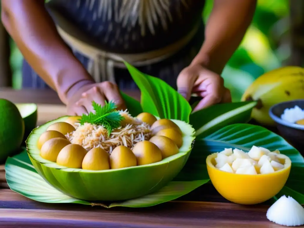 Preparación detallada de una comida tradicional micronesia con ingredientes vibrantes