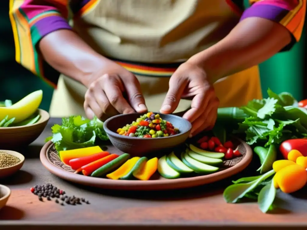 Preparación detallada de un platillo azteca, resaltando ingredientes coloridos y tradiciones culinarias