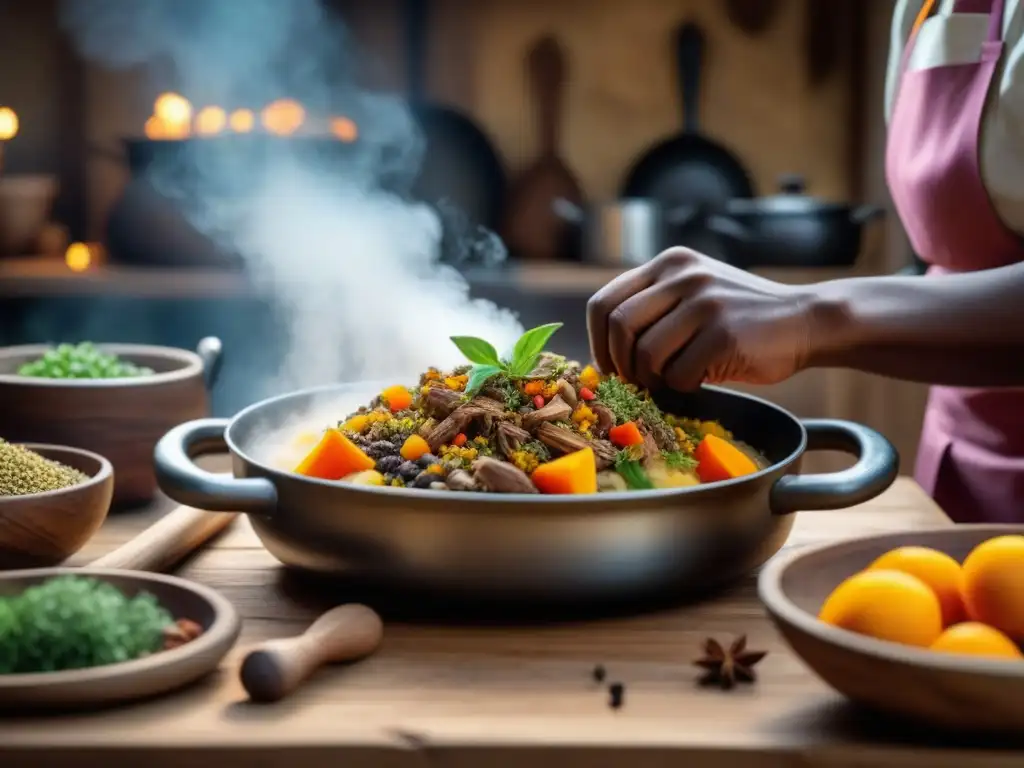 Sabores vibrantes: Cocina africana con influencias coloniales Preparación detallada de plato africano con influencias coloniales en cocina de África Occidental