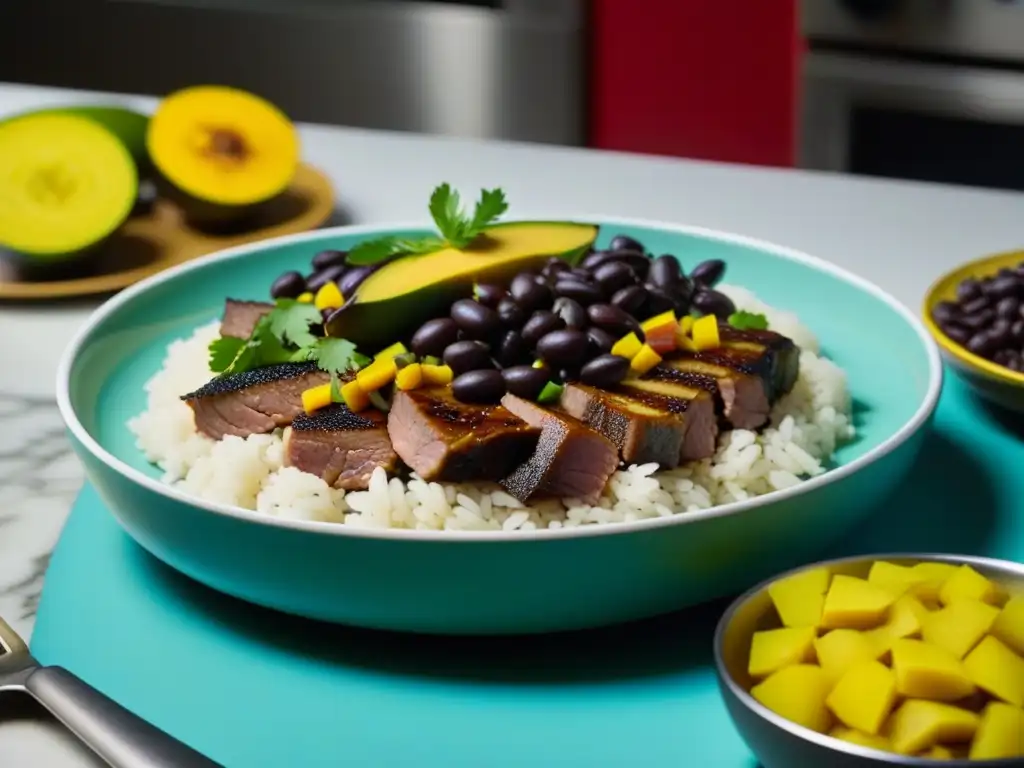 Preparación detallada de un plato de cocina cubana siglo XX en una cocina moderna