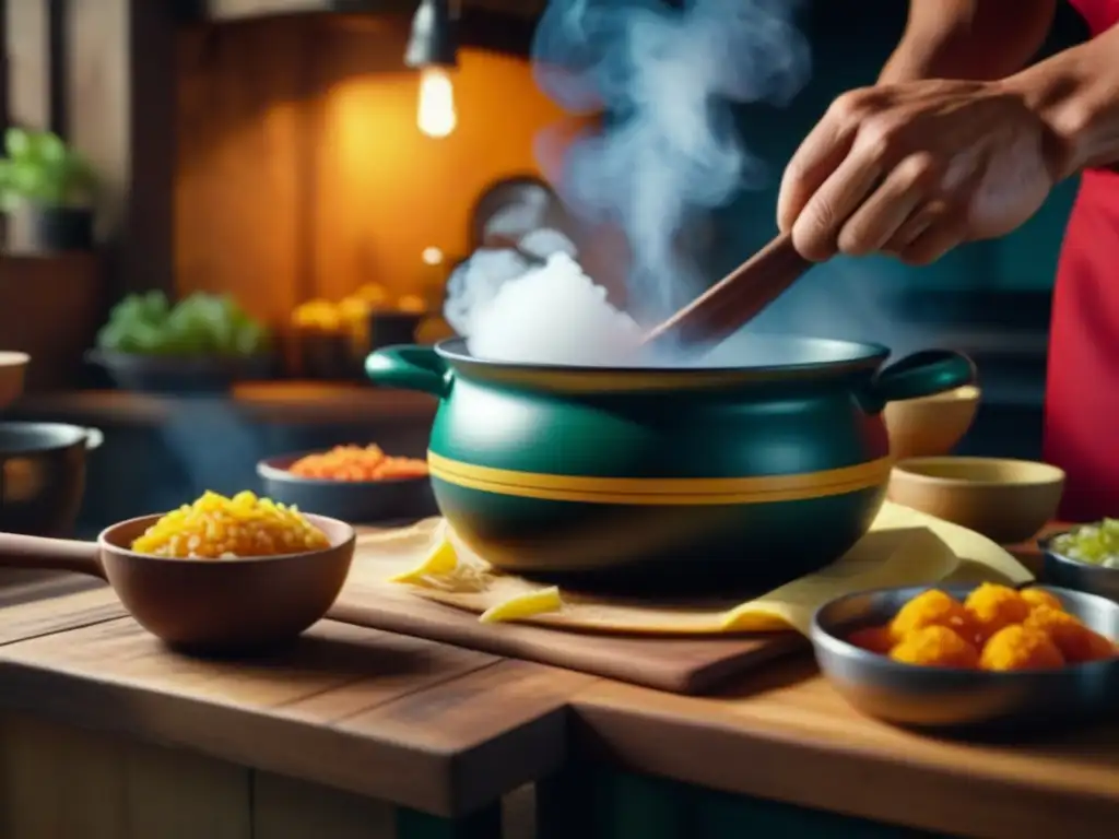 Preparación detallada de un plato de la dieta hispanoamericana en una cocina rústica, mostrando colores y texturas vibrantes