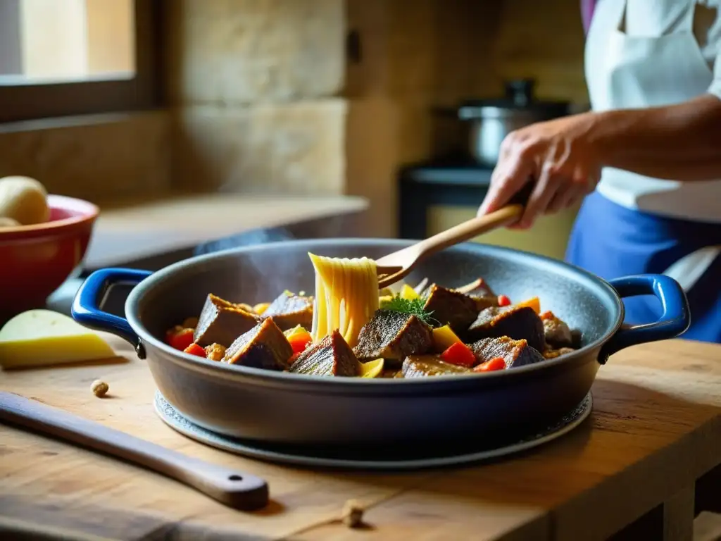 Preparación detallada de plato tradicional de Pamplona en cocina rústica