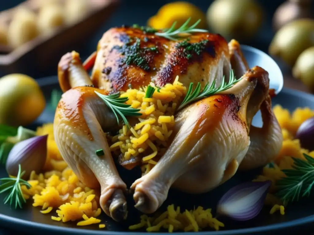 Preparación detallada de pollo con especias y hierbas españolas para un arroz con pollo