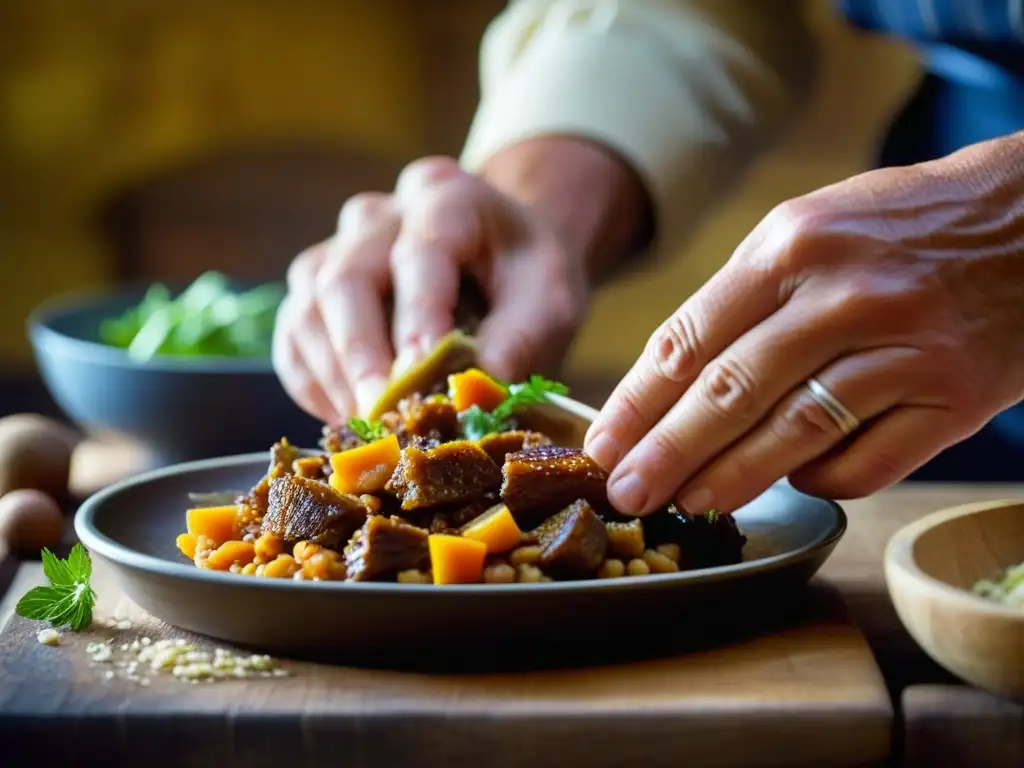 Preparación detallada de receta criolla en cocina rústica