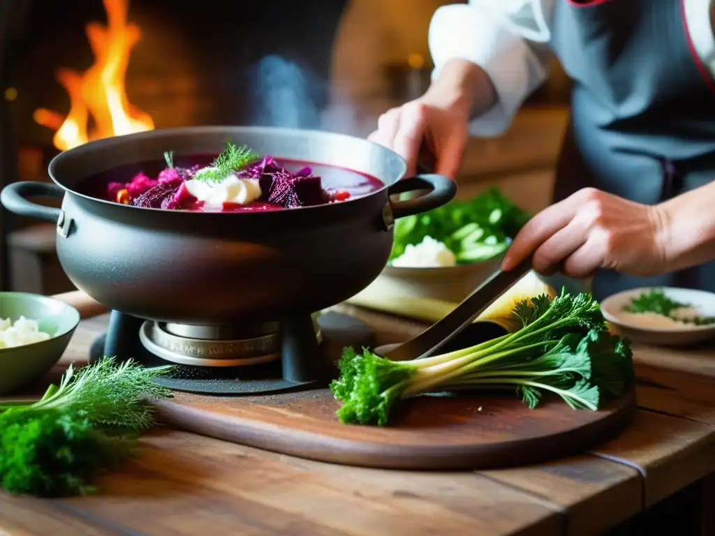 Preparación detallada de borscht ruso en cocina rústica con influencias extranjeras