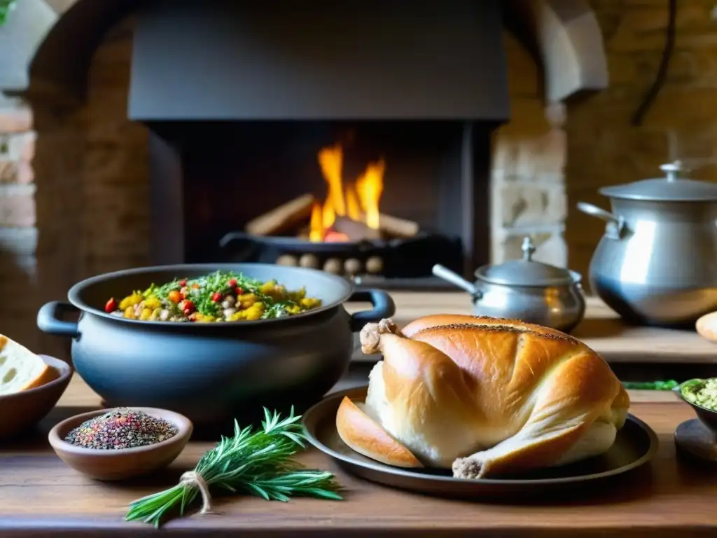 Preparación de ingredientes y utensilios en cocina medieval europea