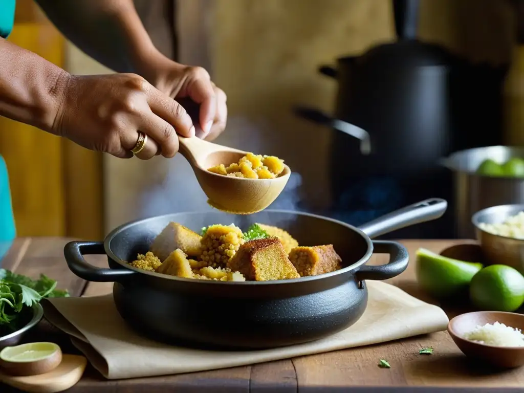 Preparación de Mofongo en cocina rústica, resaltando detalles de la receta tradicional de Puerto Rico