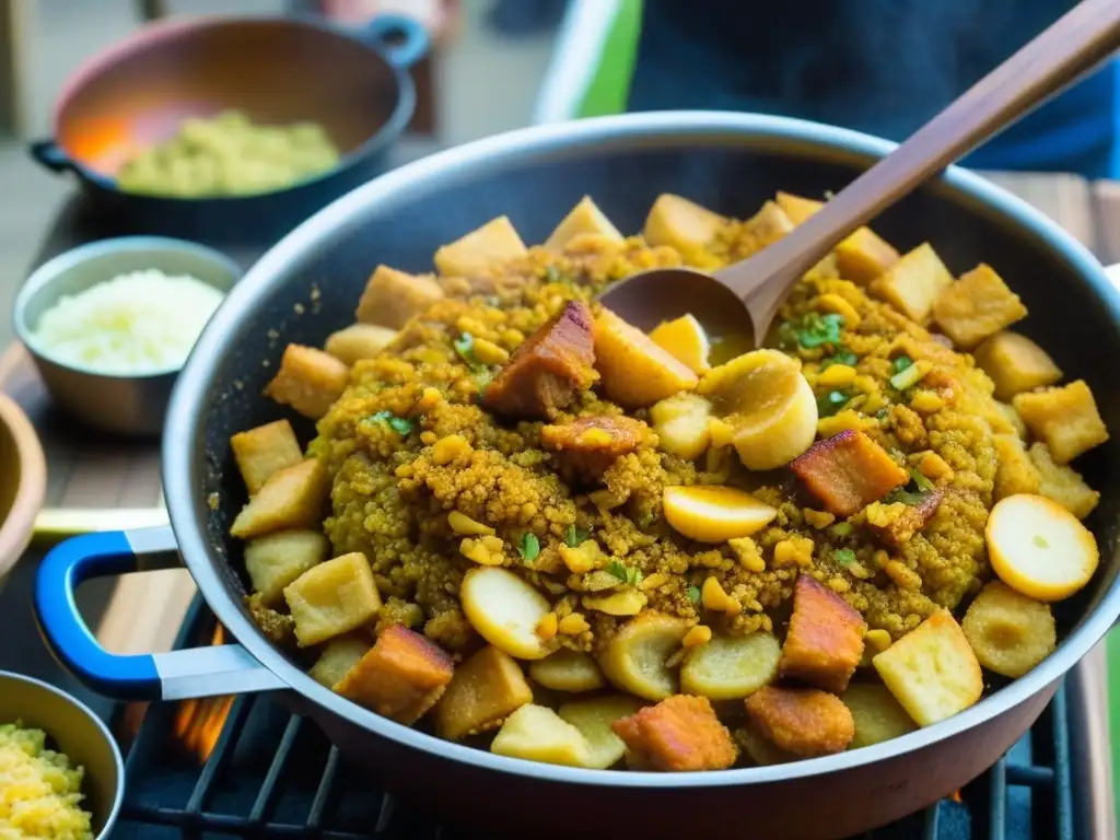 Preparación de mofongo en fiestas San Juan: mezcla tradicional de ingredientes en un pilón de madera