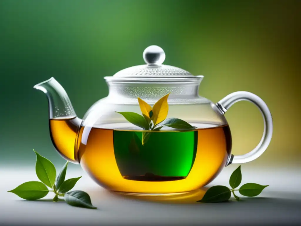 Preparación perfecta: historia de té en colores y texturas, hojas desplegándose en una tetera de cristal