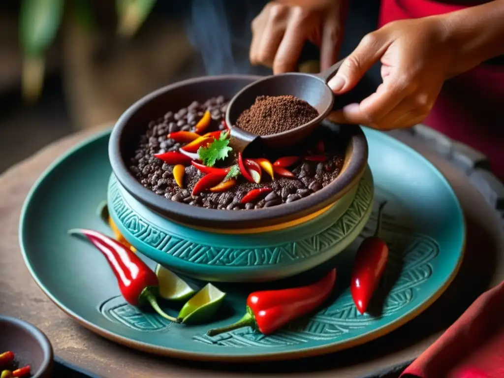 Preparación de plato tradicional Mixteca: chiles rojos y chocolate fundiéndose en olla de barro, resaltando texturas y colores