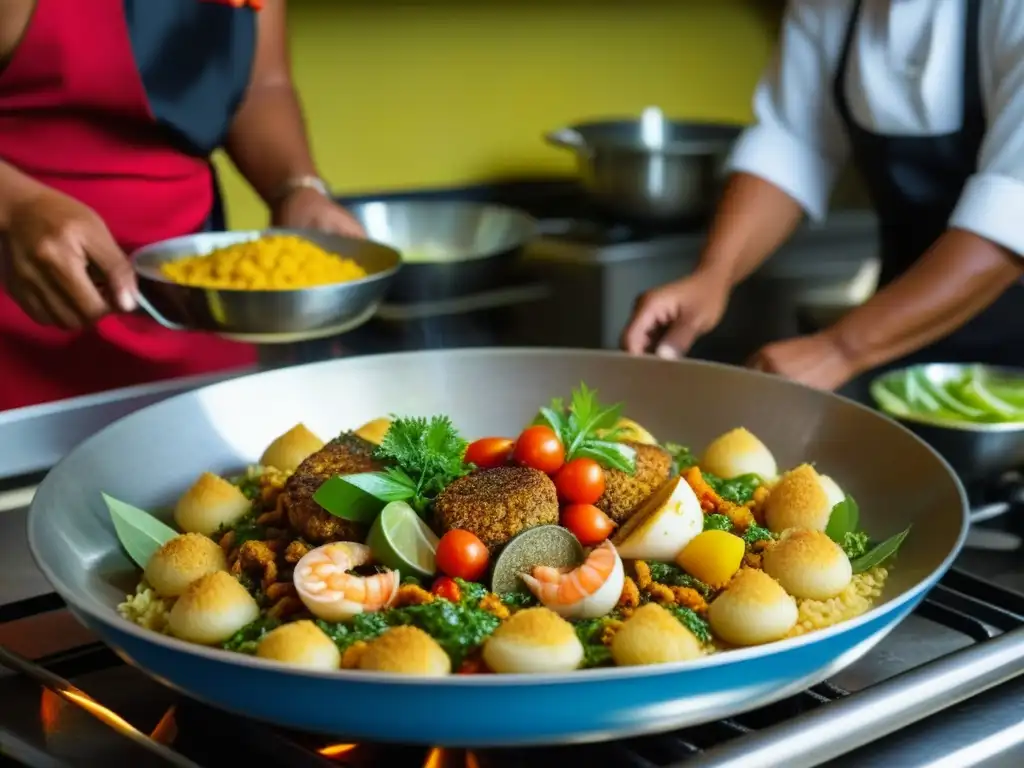 Preparación de plato tradicional timorense con influencia gastronomía portuguesa en cocina bulliciosa