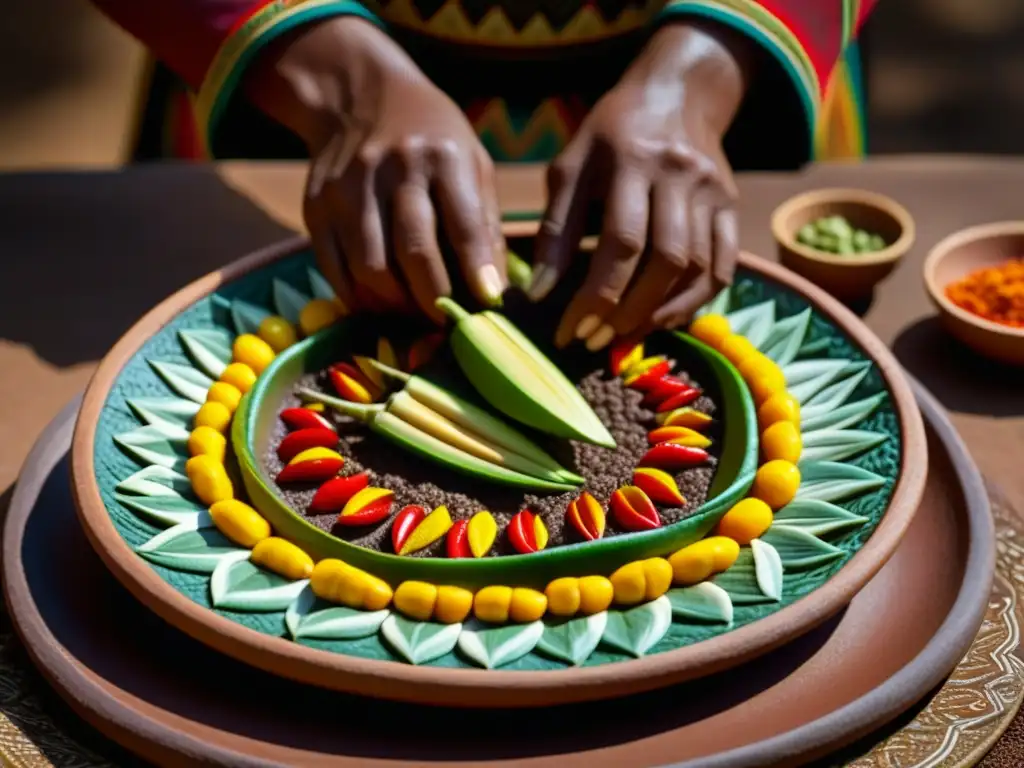 Preparación de una receta histórica de la cultura azteca con ingredientes vibrantes y manos expertas en plato de barro